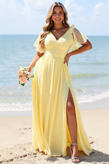 Chiffon A Line Yellow Bridesmaid Dress with Flutter Sleeves